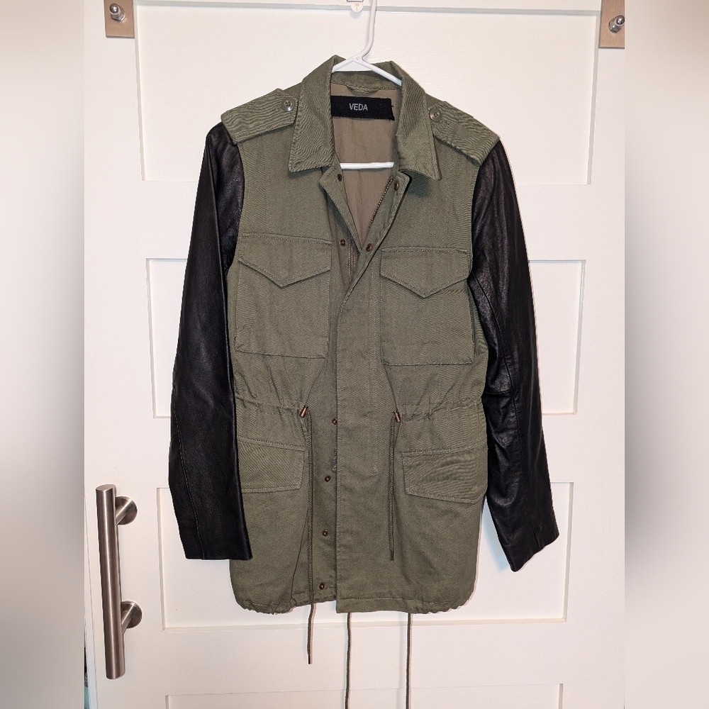 Veda women's OD Green with black leather sleeve jacket size medium.